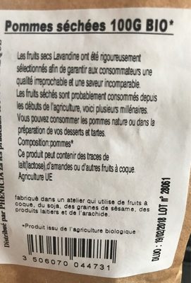 Pomme sechée ingredients label