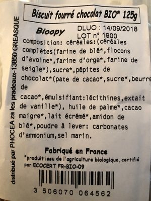 Biscuit chocolat nutrition facts table