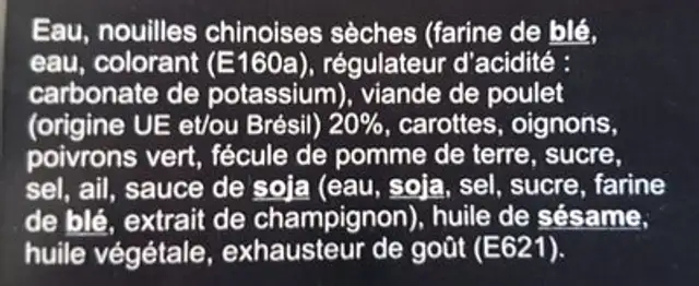 Nouilles chinoises sautées au poulet et légumes ingredients label