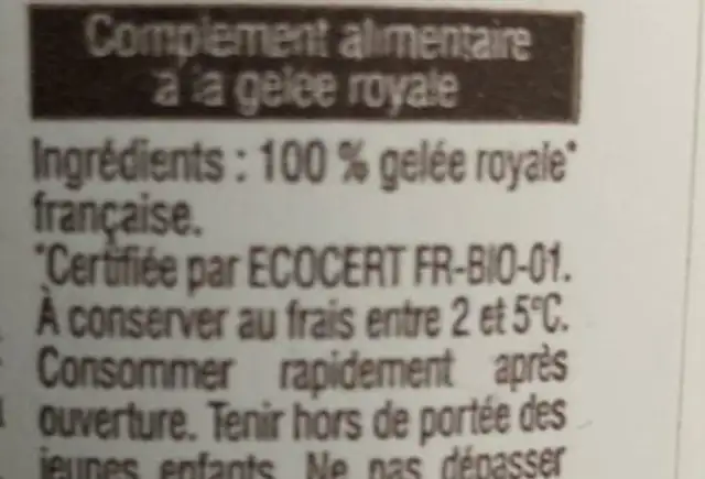 Gelée Royale Bio Française Fraîche - 10 G - Fitoform ingredients label