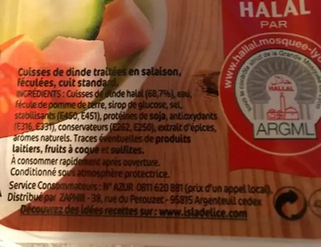Dés de dinde halal ingredients label
