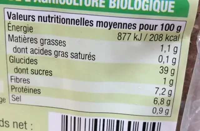 Pain de seigle complet nutrition facts table