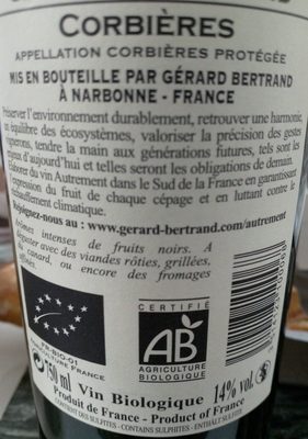 Autrement Corbières ingredients label