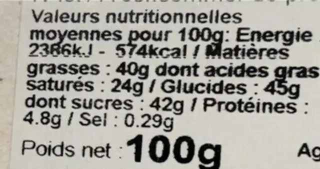 Les imparfaits nutrition facts table
