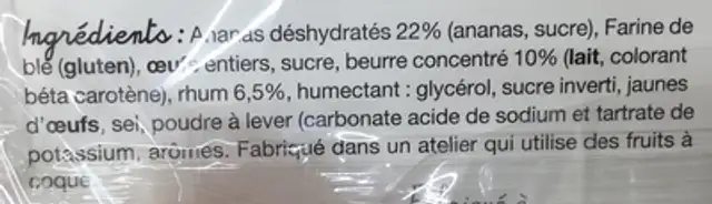 Cake Pâtissier à l'Ananas ingredients label