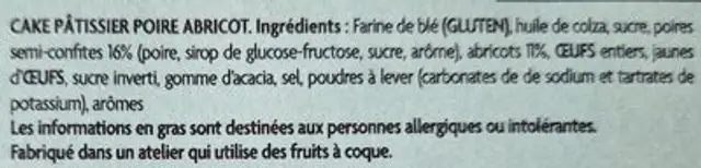 Cake Poire Abricot ingredients label