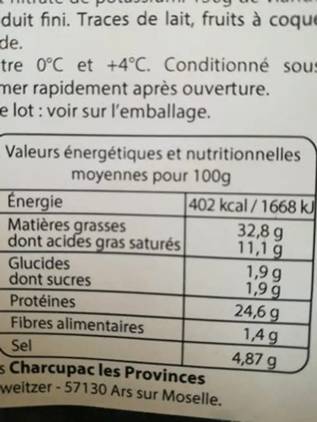 Saucisson sec aux noix ingredients label