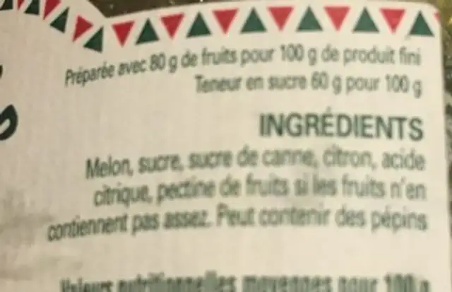 Confiture extra de Melon ingredients label