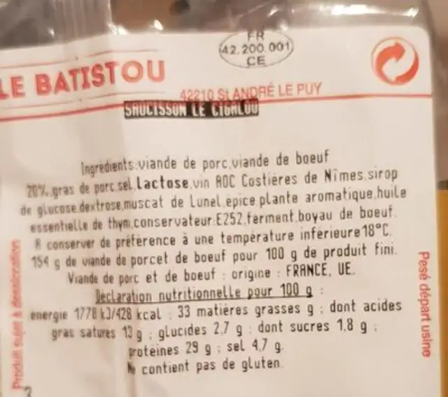 Le cigalo nutrition facts table