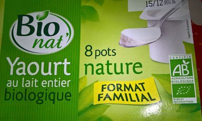 Yaourt nature au lait entier format familial Bio Nat 8 x 125 gr