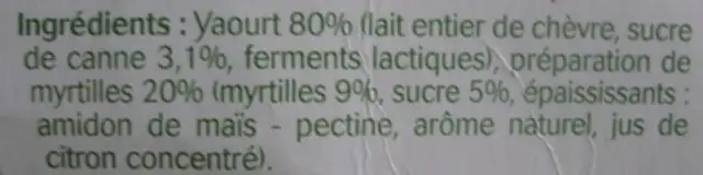 Yaourt au lait de chèvre sur lit de myrtilles ingredients label