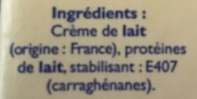 CREME UHT 30% ingredients label