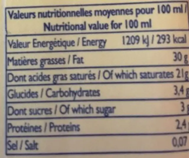 CREME UHT 30% nutrition facts table