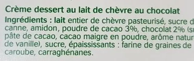 Crème dessert chocolat au lait de chèvre ingredients label