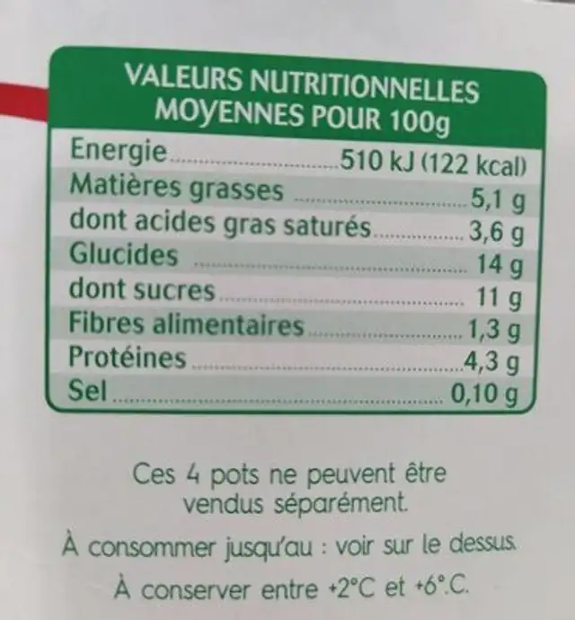 Crème dessert chocolat au lait de chèvre nutrition facts table