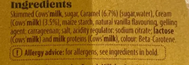 Crème Caramel ingredients label