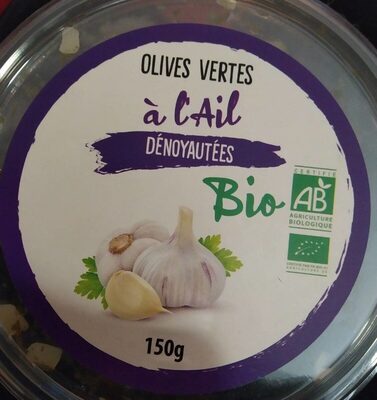 Olives vertes à l'ail dénoyautées front packaging
