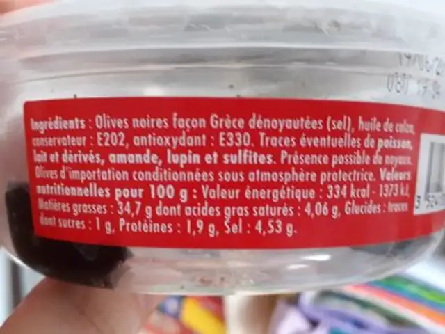 Olives noires dénoyautées ingredients label