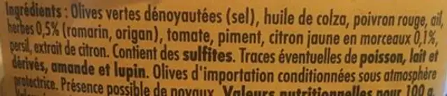 Olives à l'Andalouse, dénoyautées ingredients label