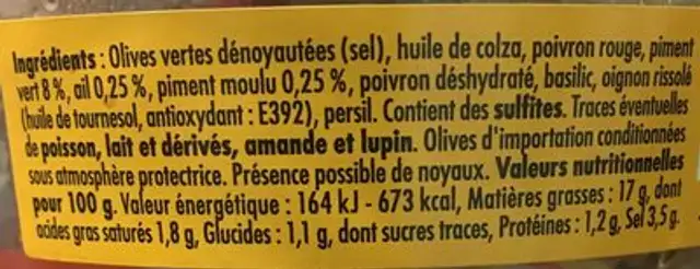 Olives à la Calabraise, ail & piments, dénoyautées ingredients label