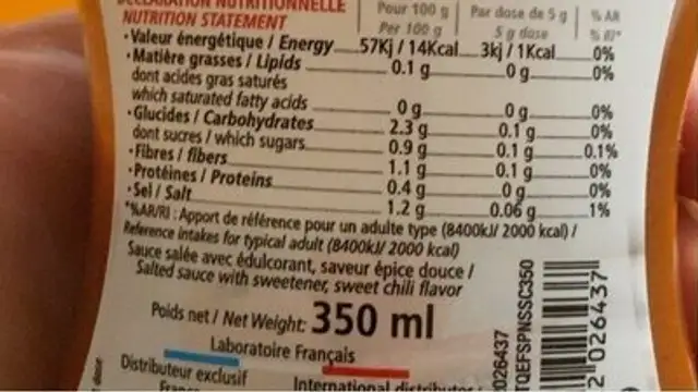 Sauce zero sweet chili nutrition facts table