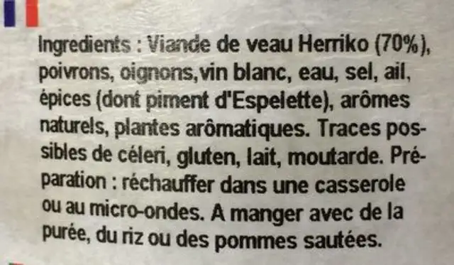 Axoa de veau ingredients label