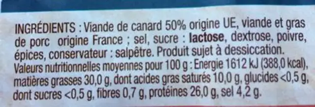 Saucisse deche de canard ingredients label