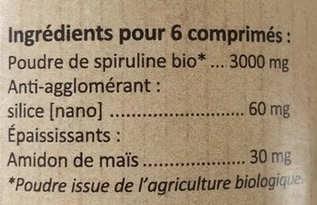 Spiruline bio ingredients label