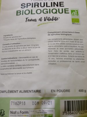 Spiruline biologique ingredients label