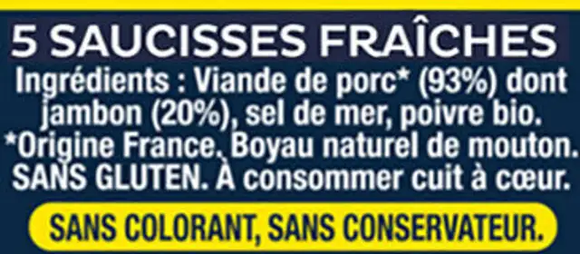 La saucisse Fraîche Nature ingredients label