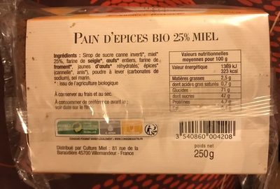 Pain d’épices bio 25% miel