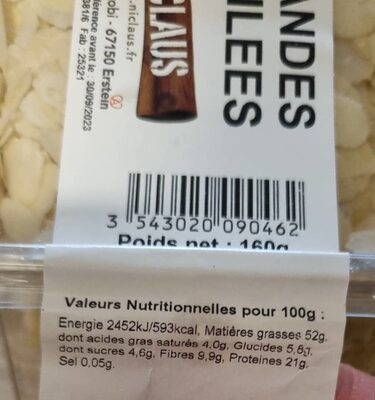 Amandes effilees nutrition facts table