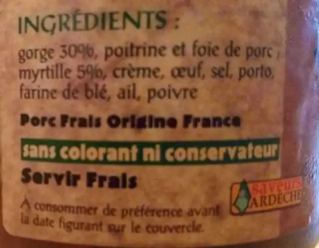 Terrine de porc aux myrtilles ingredients label
