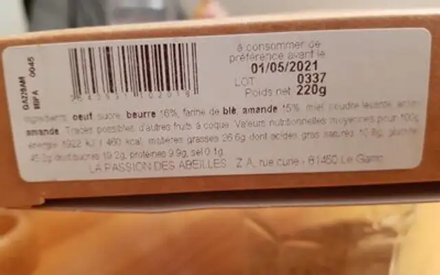 Gâteau au amandes nutrition facts table