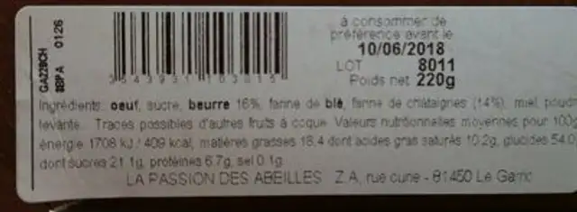 Gâteau aux châtaignes ingredients label