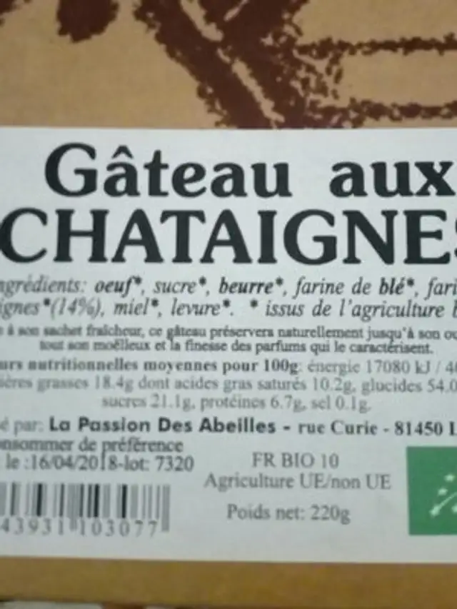 Gâteau aux châtaignes ingredients label