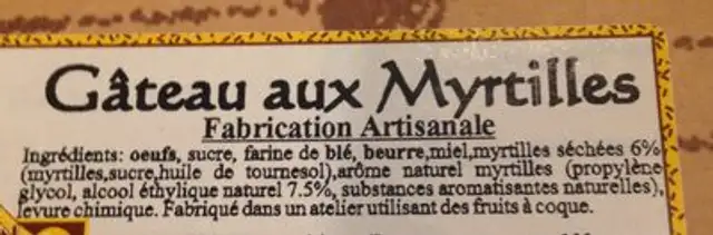 Gâteau aux Myrtilles ingredients label