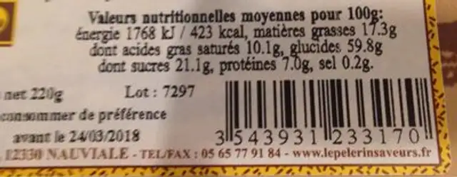 Gâteau aux Myrtilles nutrition facts table