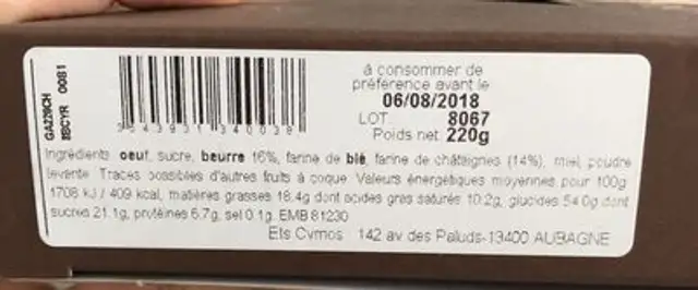 Gâteau aux Chataignes ingredients label