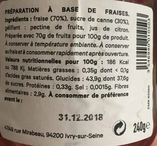 Fruits à tartiner Fraises ingredients label
