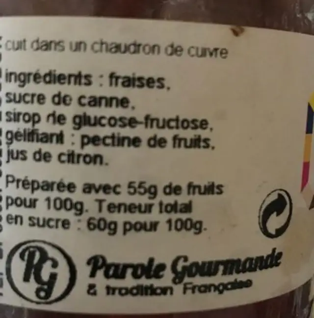 Confiture de fraises ingredients label