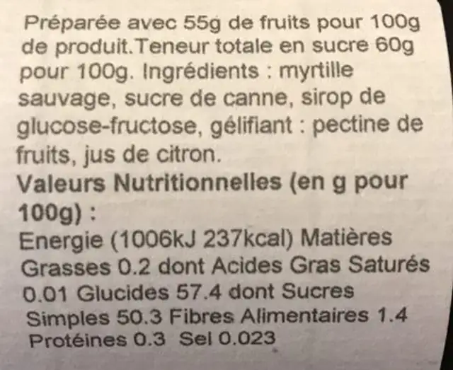 Confiture Extra Myrtille Sauvage ingredients label