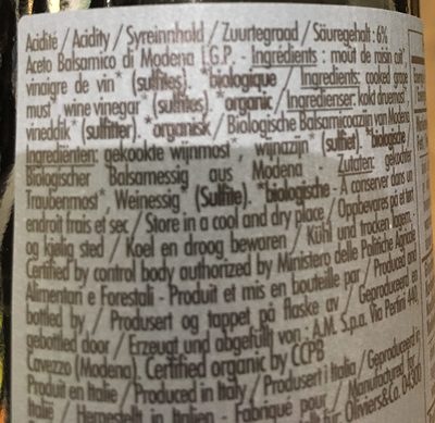 Vinaigre balsamique de Modène biologique ingredients label