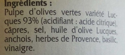 Tapenade aux Olives Lucques Vertes ingredients label