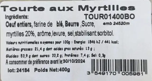 Tourte aux myrtilles nutrition facts table