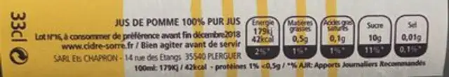Jus de pomme sorre ingredients label