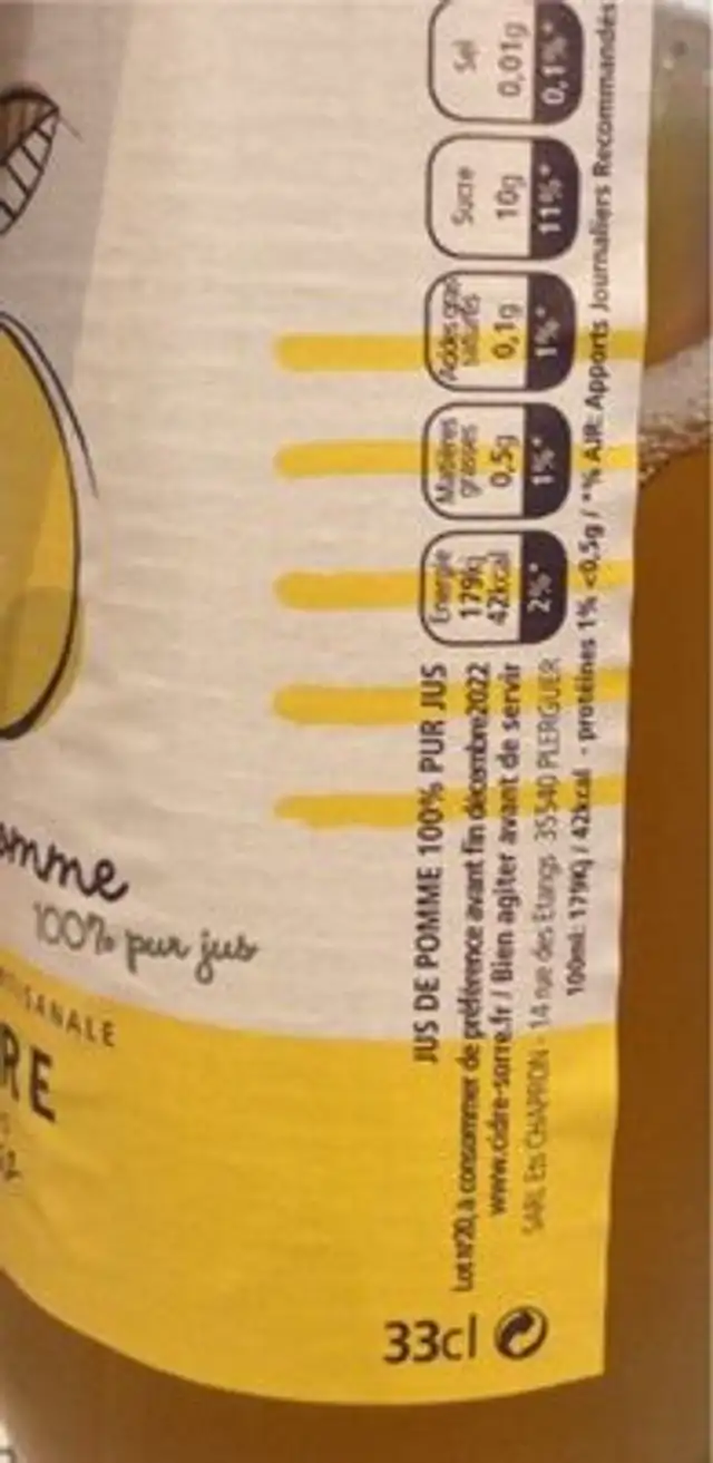 Jus de pomme sorre nutrition facts table