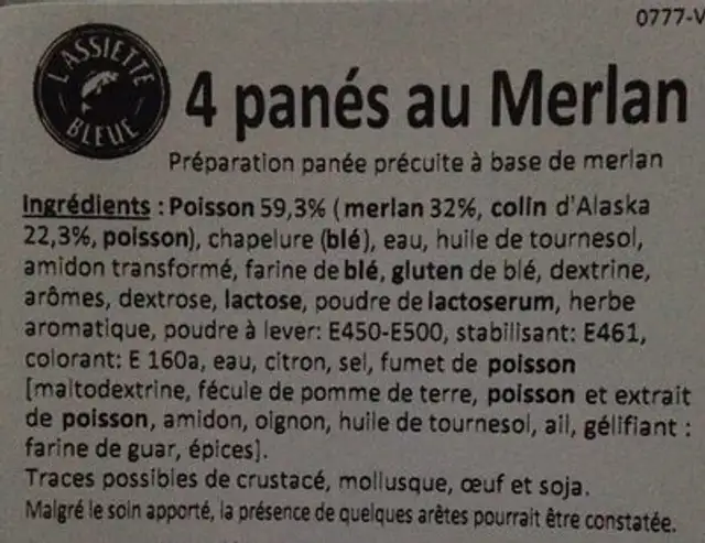 Panés au merlan saveur citron ingredients label