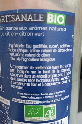 Limonade BIO artisanale ingredients label