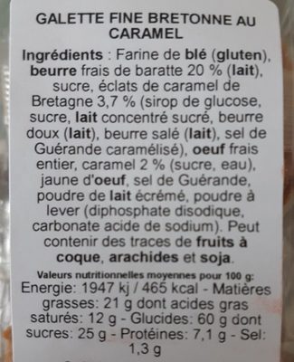 Galette bretonne caramel ingredients label